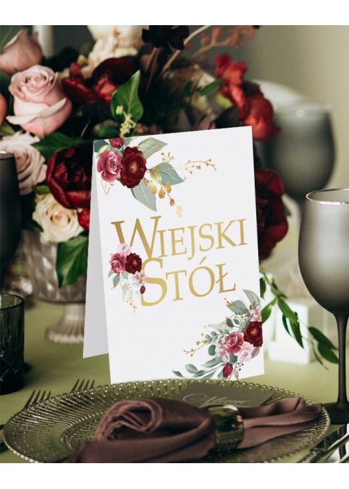 Numery stołów weselnych Boho Bordo Inicjały