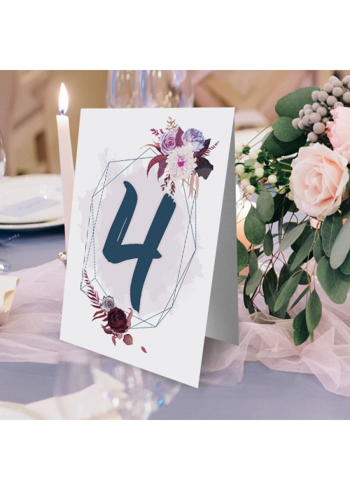 Numery stołów weselnych Granatowe boho