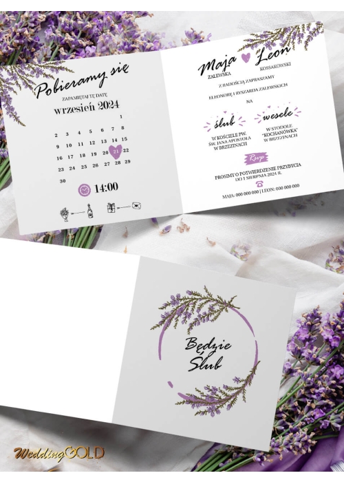 Zaproszenie ślubne z wrzosem – kwadratowy format w stylu botanicznym