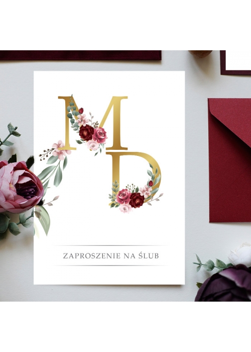 Zaproszenie ślubne boho z inicjałami w kolorze bordo